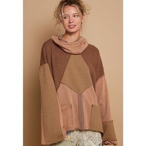 "The Aniesa" Cocoa Turtleneck French Terry Quilted Contrast Top NWOT